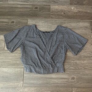 Abercrombie Fitch Womens Gray White Polka Dot Short‎ Sleeve Wrap Crop Top Size S